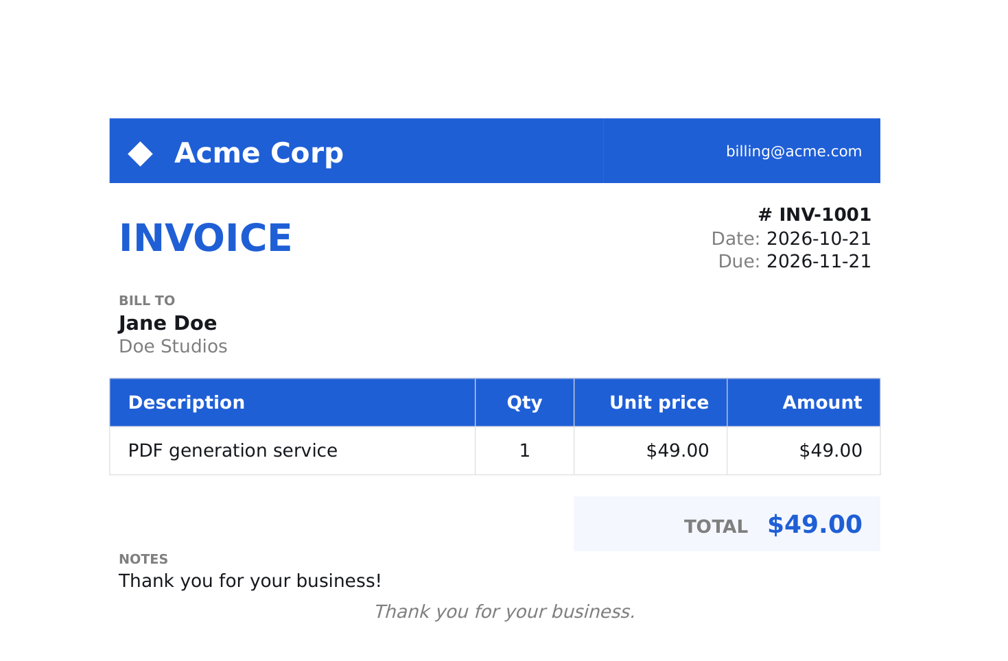 A real invoice PDF generated by PDFStamp from a Word template.